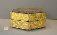 808, 811. Wooden hexagonal pyxis decorated with repoussé gold plates.