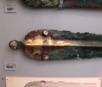 8616. Bronze type A sword with engraved butterfly on the shoulder and ivory pommel. Grave I