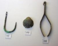 1363, 2722, 2543. Hook, seashells and tweezers (from the Mycenae acropolis bronze hoards)