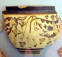 Pictorial Style Pottery: Fragment depicting two bulls
