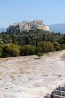 Pnyx Archaeological Site: Orator's Bema on Pnyx and the Acropolis rock with the Parthenon 