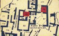 Ξαι άλλο σχεδιάγραμμα του Κτηρίου (Τομέα) Β' (Με κόκκινο τα δωμάτια όπου βρέθηκαν οι τοιχογραφίες)
