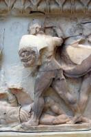 East side of the frieze of the Siphnian treasury (525 B-C).  Greeks and Trojans fighting over a dead hero. (Detail)