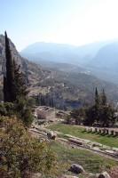 The Sanctuary of Apollo in Delphi: The Treasury of the Athenians photographed from high up in the archaeological site