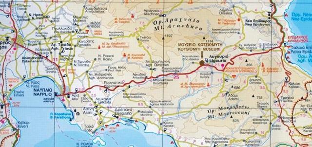 Map of part of Argolis Prefecture, showing the national road between Nafplion (Nauplion) and Palaea (Ancient) Epidaurus and the way to reach the local Kotsiomitis Museum of Natural History