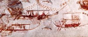 Flotilla miniature fresco unearthed in Akrotiri. Kept in the Archaeological Museum in Athens, can still be seen in Akrotiri in Petros Nomikos museum, together with all other 40 frescoes, through fine copies.