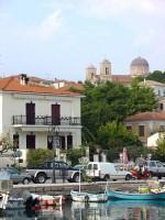 Galaxidi Port: Boats, Houses and Aghios Nikolaos Cathedral on Top of the Hill